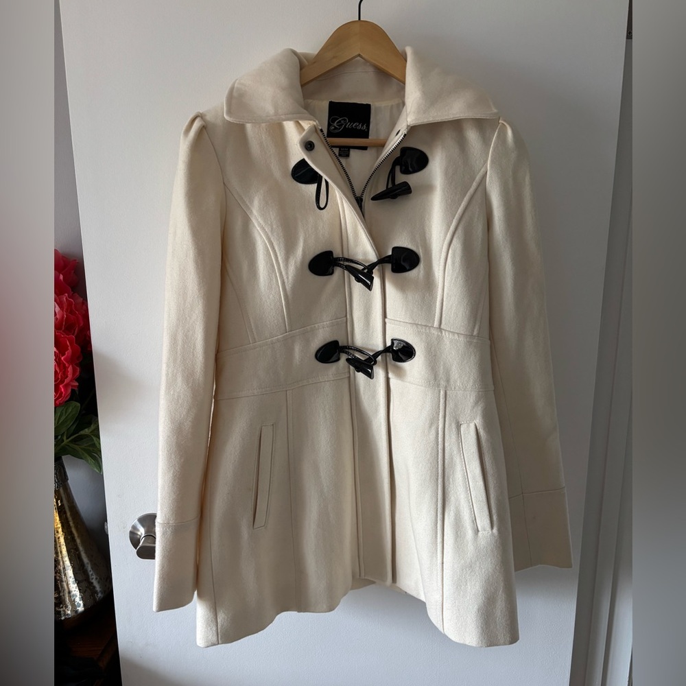 Women's Hooded Cream Toggle Coat